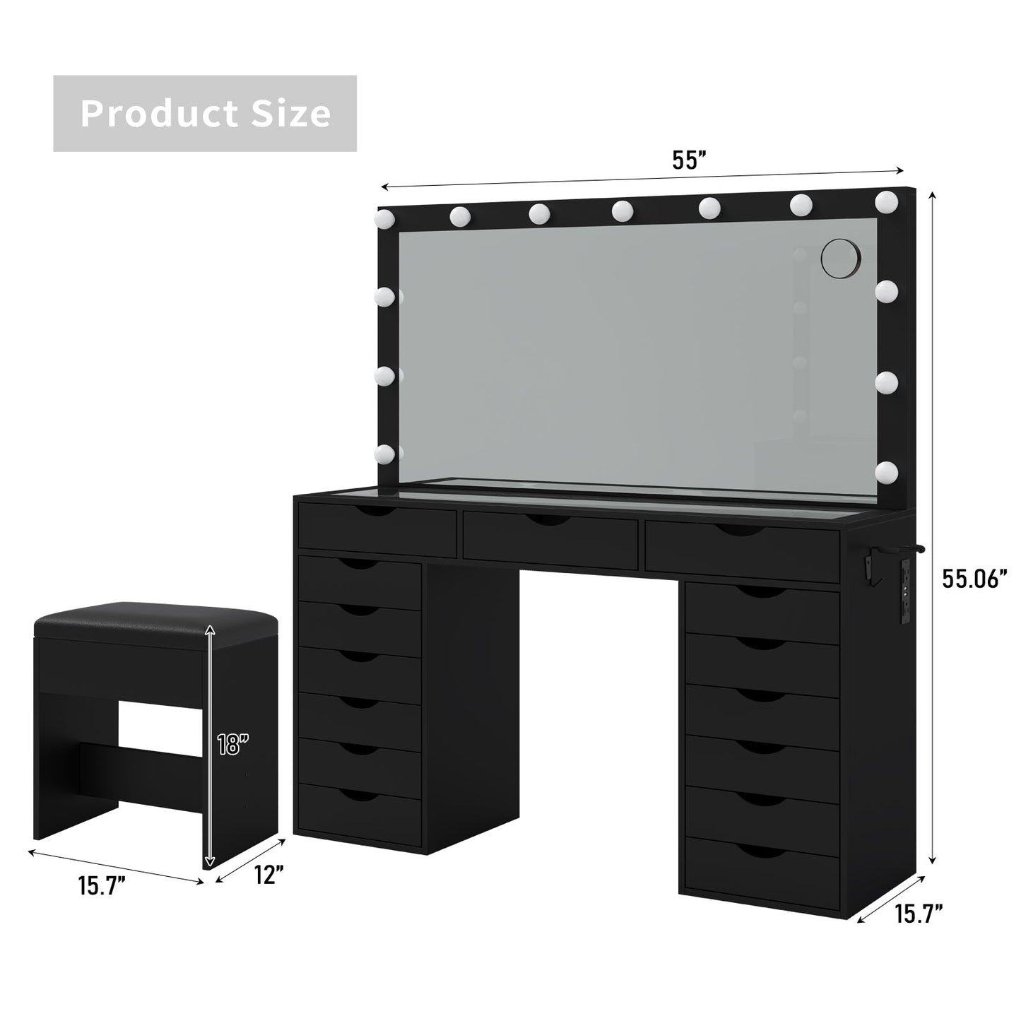Vektaya US-VD008 Bedroom Makeup Vanity desk with LED Mirro, 15 Drawers