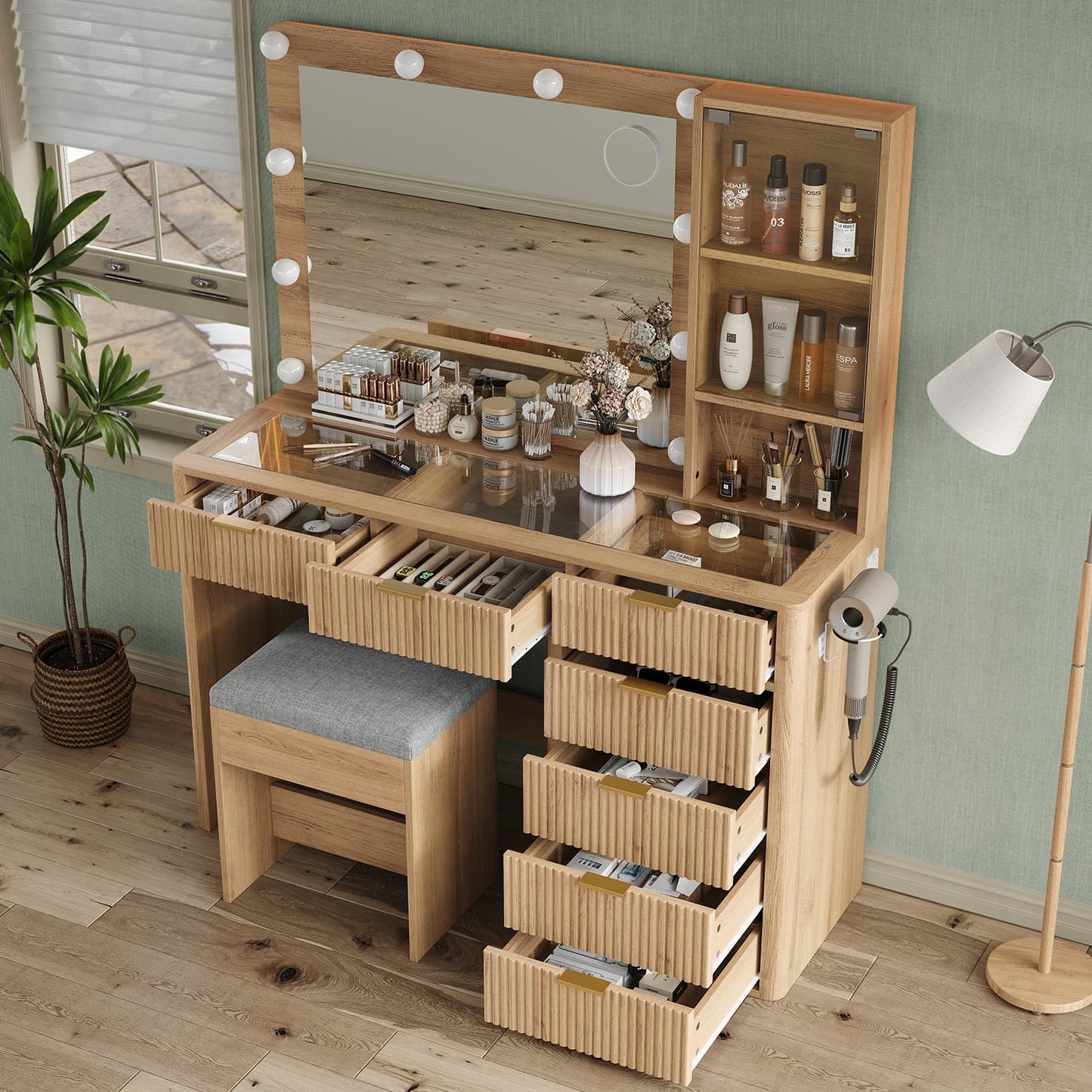 Vektaya US-VD013 Bedroom Makeup Vanity desk with LED Mirror, 7 Drawers